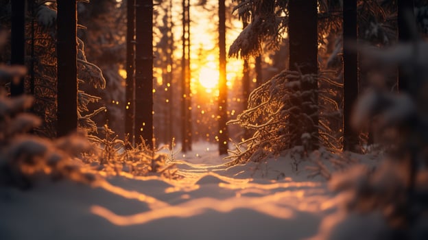 A unique perspective of a snow covered forest on a chilly day, Generative AI. photo