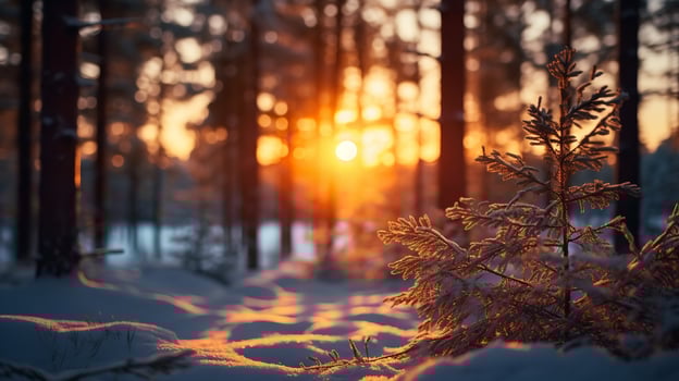 A unique perspective of a snow covered forest on a chilly day, Generative AI. photo