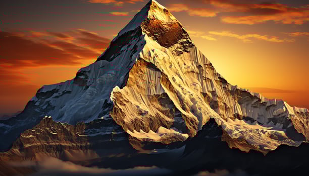 a mountain with clouds and fire in the sky ai generated photo