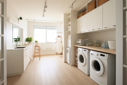 AI generated Interior clean white laundry room with front load washer and dryer units,AI generative photo