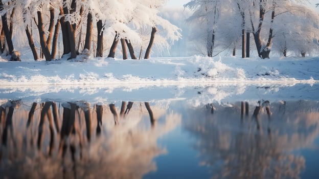 Frosty trees and a woodland with the light shining on them are featured in this 3D landscape image of ice, Generative AI. photo