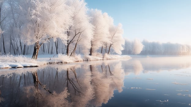 Frosty trees and a woodland with the light shining on them are featured in this 3D landscape image of ice, Generative AI. photo