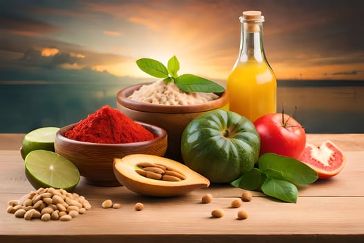 various foods including nuts, seeds, spices and vegetables. AI-Generated photo
