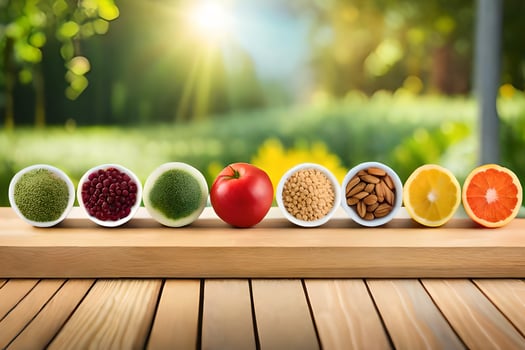 five different types of fruits and vegetables in bowls. AI-Generated photo