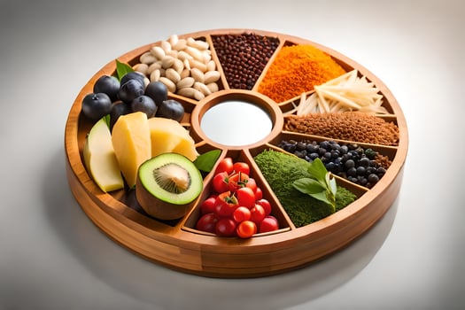 a wooden plate with various types of food. AI-Generated photo