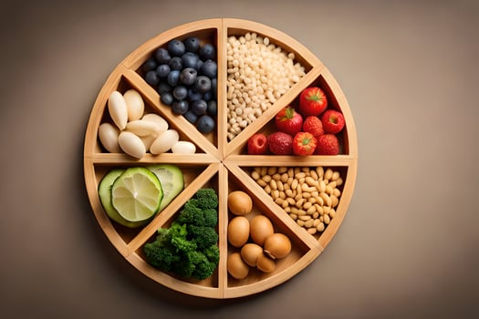 a wooden plate with different types of food. AI-Generated photo