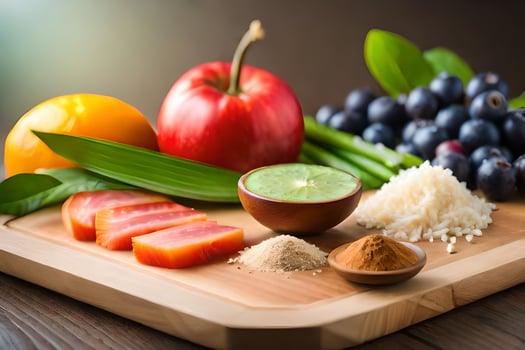 foods on a cutting board with fruits and vegetables. AI-Generated photo