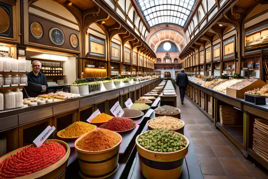 a long aisle with lots of spices and food. AI-Generated photo