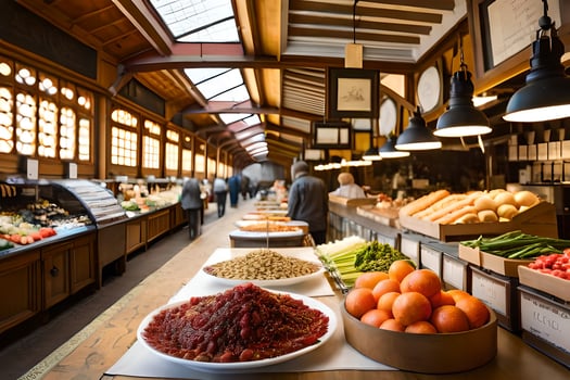 a long counter with lots of food and fruit. AI-Generated photo