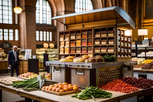 a display of food in a large market. AI-Generated photo