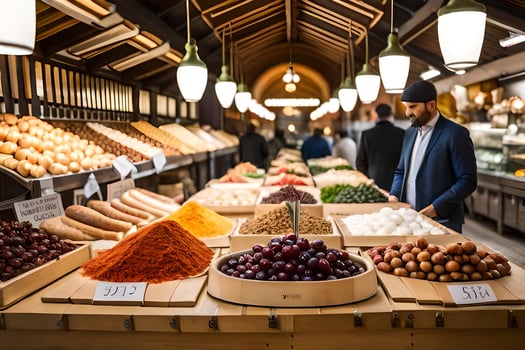 a man is standing in front of a market with lots of food. AI-Generated photo