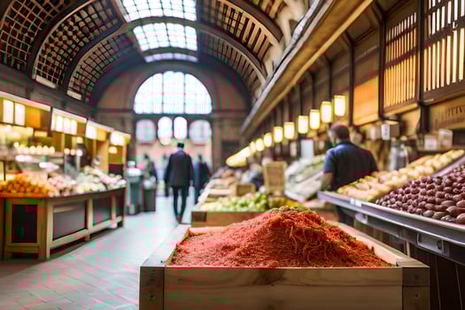 a market with people walking around and lots of food. AI-Generated photo