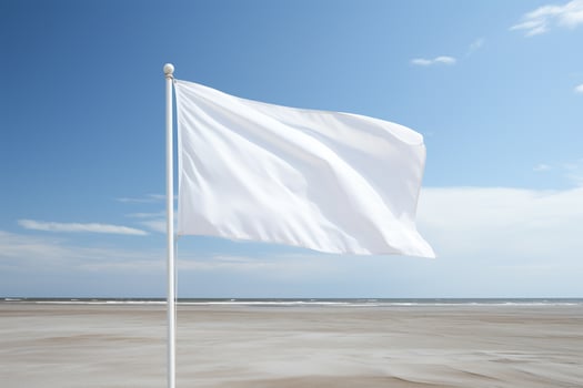 An empty white waving flag on a clear sky in a vacant lot. Generative AI photo