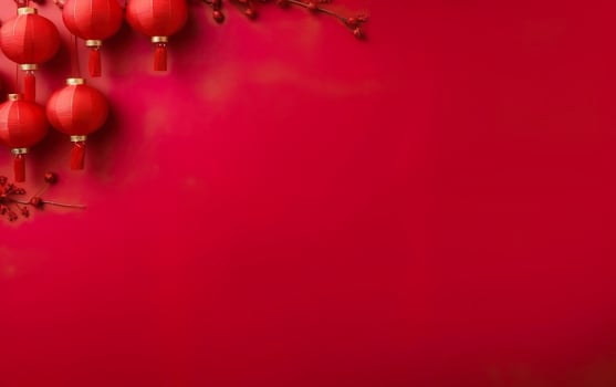 Spring Festival Poster. Banner template with hanging lanterns. Chinese New Year decorations on bright red background, copy space. AI Generative photo