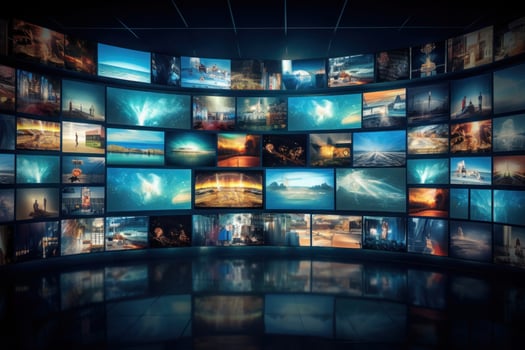 Many TV screens in room. Generative AI photo