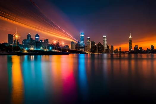 the chicago skyline at night with lights reflecting off the water. AI-Generated photo