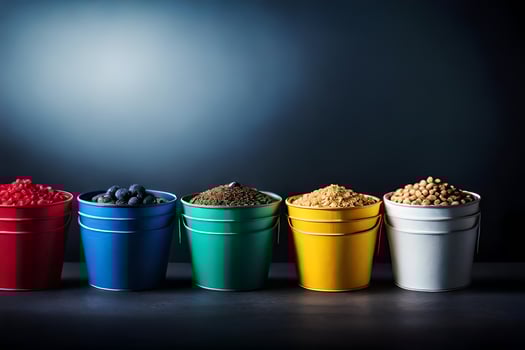 five buckets of different colored granular food. AI-Generated photo
