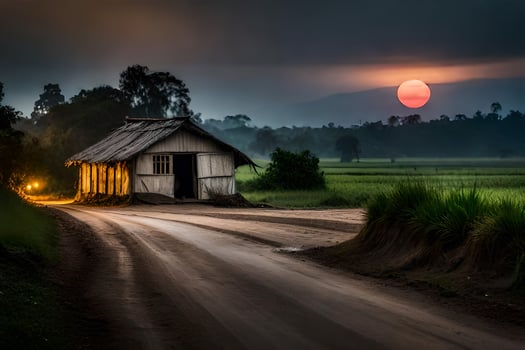 the sun sets over a rural road in the morning. AI-Generated photo