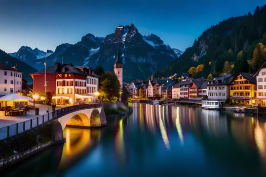 the town of hallstatt in the alps at dusk. AI-Generated photo