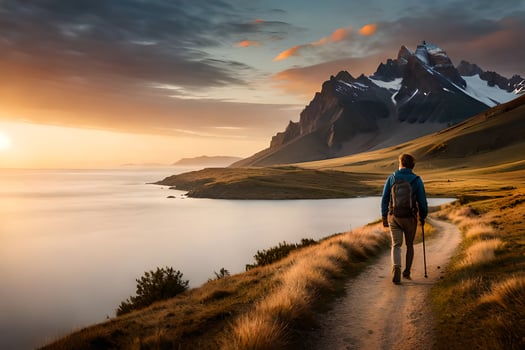 a man walks on a path in the mountains. AI-Generated photo