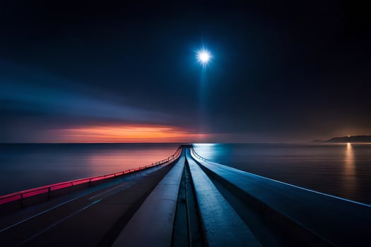 a long exposure photo of a pier at night. AI-Generated