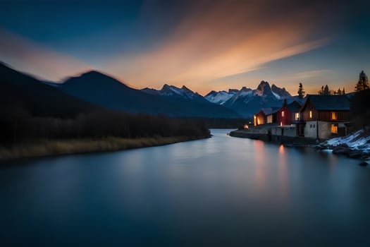 a river runs through a town at sunset. AI-Generated photo