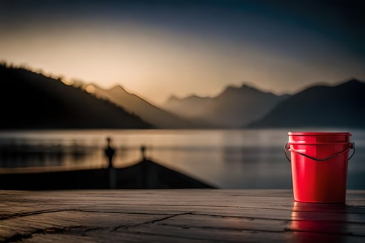a red bucket sitting on a wooden deck overlooking a lake. AI-Generated photo