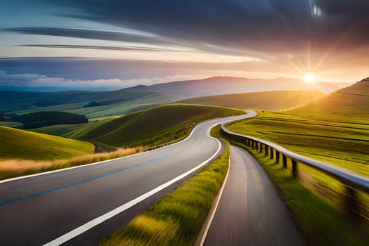 a winding road in the mountains with the sun setting. AI-Generated photo