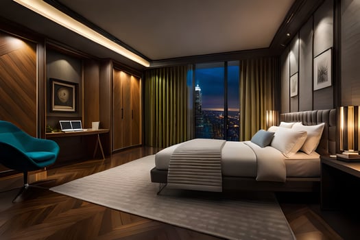 a modern bedroom with a view of the city. AI-Generated photo