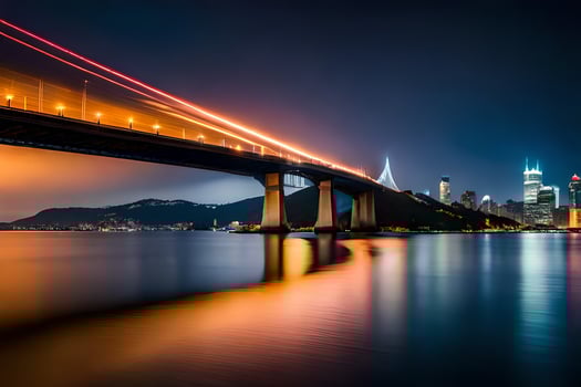 a bridge spanning over water at night with city lights. AI-Generated photo