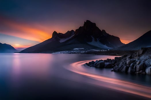 a long exposure photograph of a mountain range at sunset. AI-Generated photo