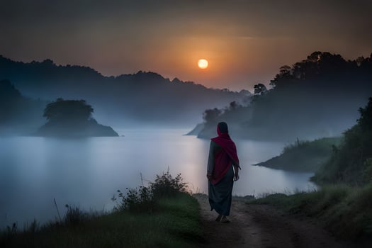 a woman walks down a path near a lake at sunset. AI-Generated photo