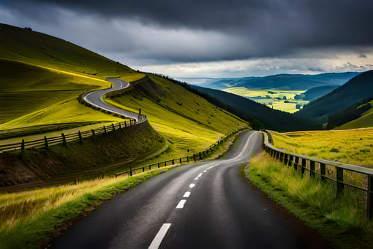 a winding road in the mountains with a stormy sky. AI-Generated photo