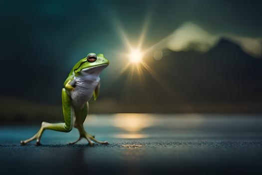 a frog standing on its hind legs with the sun shining in the background. AI-Generated photo
