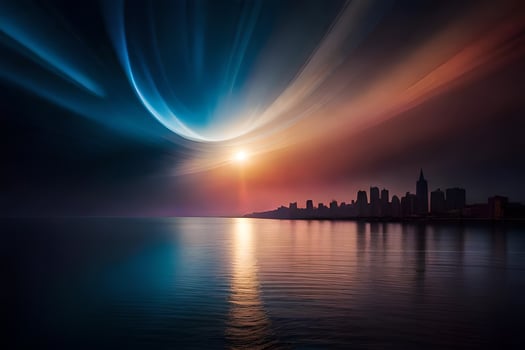 a city skyline is seen in the distance with a bright light. AI-Generated photo