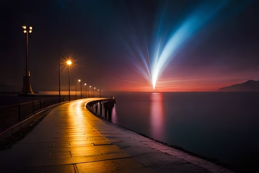 a long walk along the pier at night with a bright light shining. AI-Generated photo