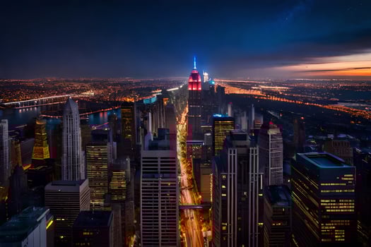 the city skyline at night with the empire state building in the background. AI-Generated photo