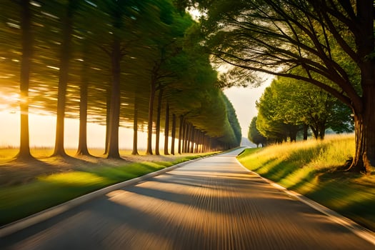 a long road with trees and grass in the background. AI-Generated photo