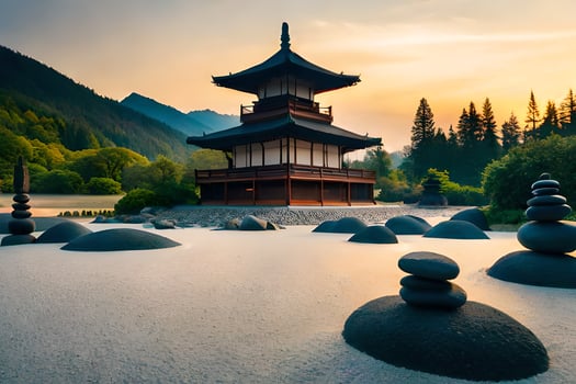 a pagoda in the middle of a lake with rocks. AI-Generated photo
