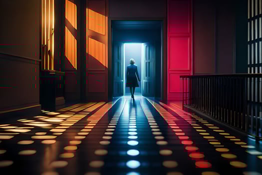 a person standing in a hallway with red and blue lights. AI-Generated photo
