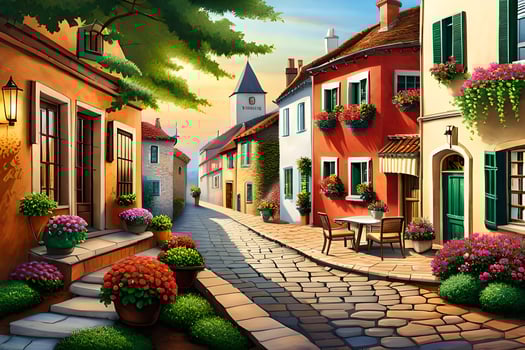 an oil painting of a street with flowers and plants. AI-Generated photo
