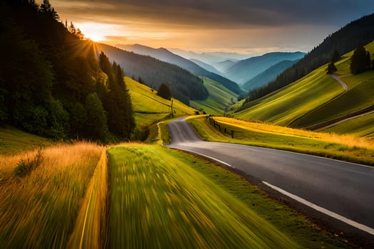 the sun is setting over a winding road in the mountains. AI-Generated photo