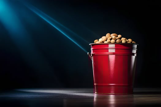 a red bucket filled with peanuts on a dark table. AI-Generated photo