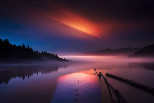 a boat sits on the water at sunset. AI-Generated photo
