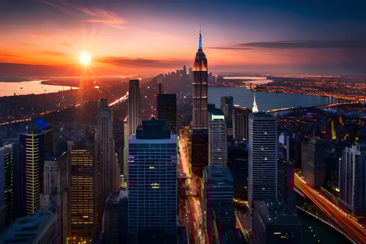 the sun sets over the city skyline in new york. AI-Generated photo