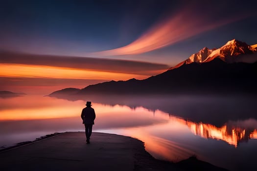 a man standing on a dock looking at the mountains. AI-Generated photo