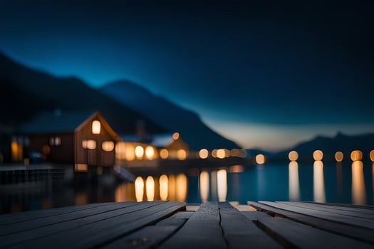 a wooden dock with lights on it at night. AI-Generated photo