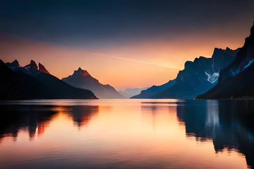the mountains are reflected in the water at sunset. AI-Generated photo
