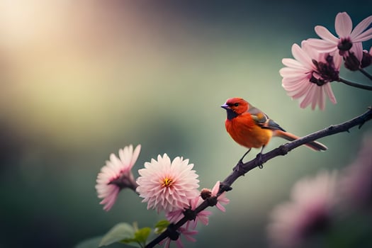 photo wallpaper the bird, flowers, nature, spring, the sun, the flowers, the bird. AI-Generated