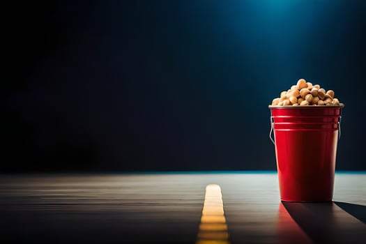 a bucket of popcorn on a road. AI-Generated photo